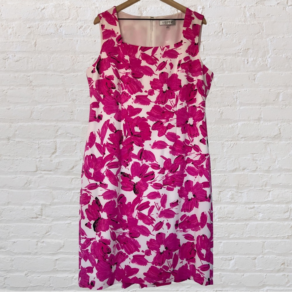 Kasper Square Neck Pink Floral Sleeveless Mid Dress, Size 16